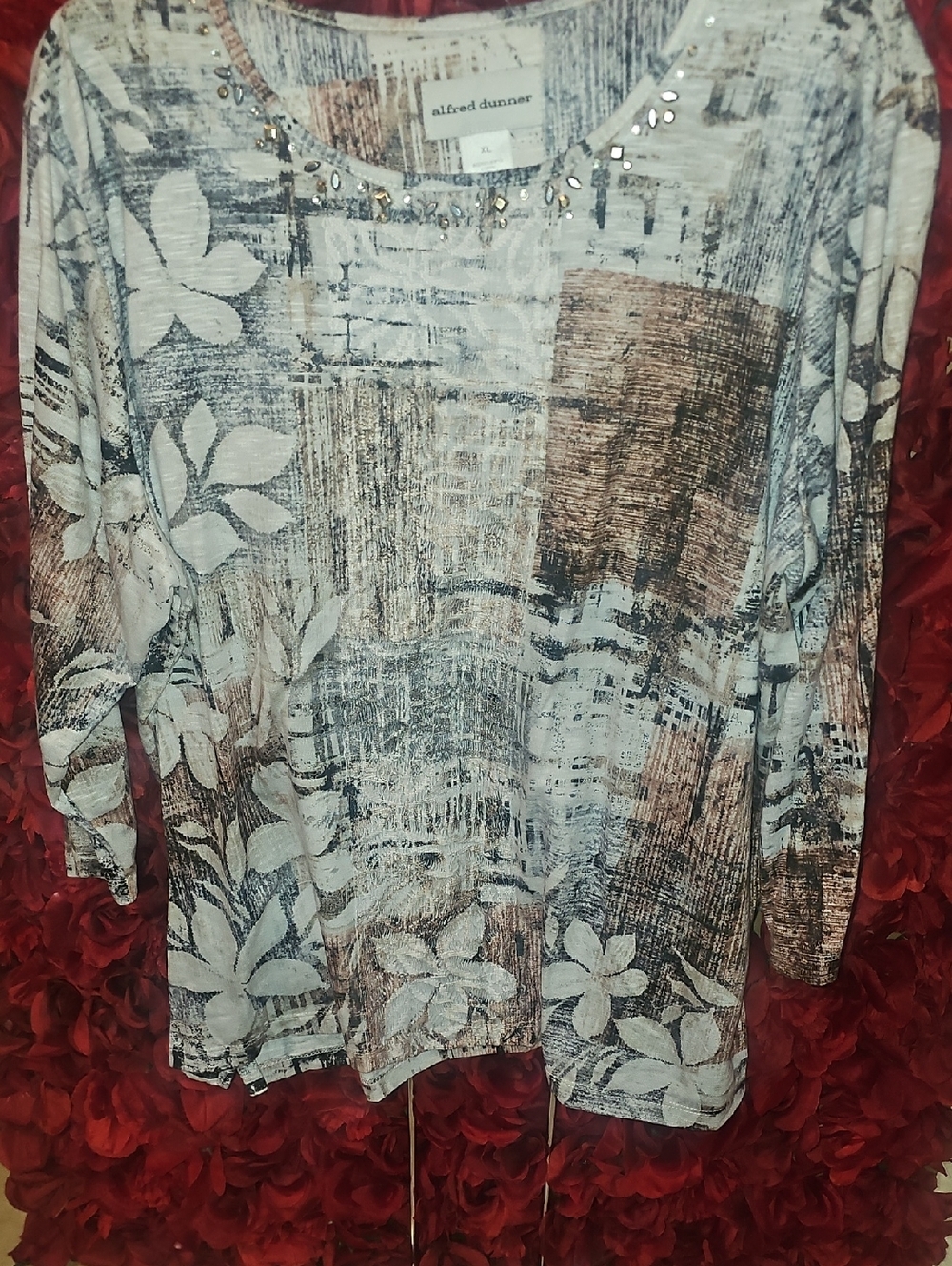 Alfred Dunner Multi-Tone Floral & Lace Jewel-Neck Long Sleeve Top Size Xlarge